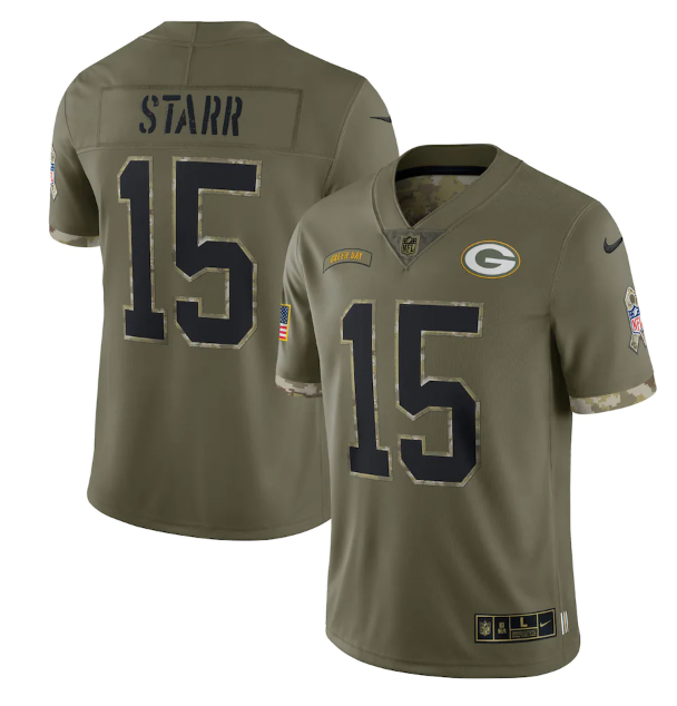 Men's Green Bay Packers #15 Bart Starr Olive 2022 Salute To Service Limited Stitched Jersey Men's Green Bay Packers #15 Bart Starr Olive 2022 Salute To Service Limited Stitched Jersey